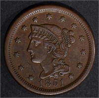 1851 LARGE CENT, AU hit on obv by chin