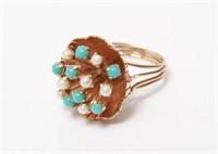 14K Rose Gold Turquoise & Pearls Lady's Ring