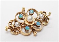 14K Gold Opals & Pearls Quatrefoil Pendant Brooch