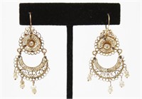 Indian 14K Gold Filigree Dangle Earrings w Pearls