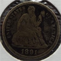 1891 Seated Silver Dime.