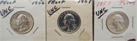 (3) UNC Washington Silver Quarters. Dates: 1956,