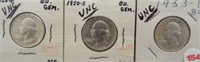 (3) UNC Washington Silver Quarters. Dates: 1950,