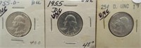 (3) 1955-D UNC Washington Silver Quarters.