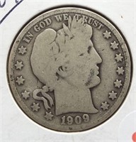 1909 Barber Silver Half Dollar.