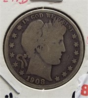 1908-S Barber Silver Half Dollar.