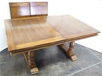 Double Pedestal Wood Dining Table w/ 2-Leaves