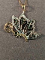 14k Gold Diamond And Emerald Butterfly Necklace