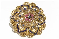Renaissance Revival Sapphire/Ruby 18K Gold Brooch