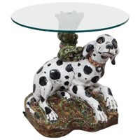 Italian Ceramic Faux Bois & Dog Base Glass Table