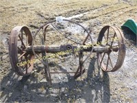 WOOD WAGON AXLE W/ METAL WHEELS