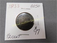 1833 1/2 Cent - AU50