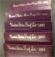 FIVE PROOF SETS, 1984-85-87-89