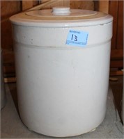 2 GALLON WHITE CROCK WITH CROCK LID HAS HAD HOLE
