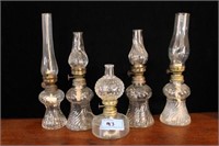 5 MINIATURE CLEAR GLASS OIL LAMPS