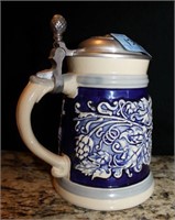 BLUE AND GRAY SALT GLAZED BEER STEIN WITH PEWTER