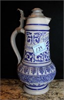 BLUE AND GRAY SALT GLAZED BEER PITCHER WITH