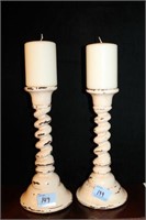 PAIR OF WOODEN TWISTED SHAFT CANDLE HOLDERS