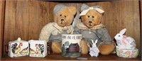 GROUPING: 2 TEDDY BEARS, CHICKEN CREAM AND SUGAR,