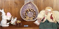 GROUPING: RABBITS, DOLL AND HAND MADE BASKET BY