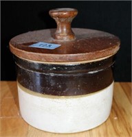 BROWN AND WHITE STORAGE CROCK WITH WOODEN LID