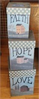 3 FOLK ART STACKING BOXES: FAITH, HOPE AND LOVE