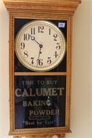 ANTIQUE OAK WALL CLOCK WITH ADVERTISING GLASS