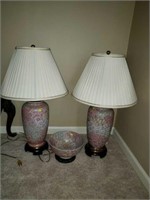Pair of matching lamps and matching bowl