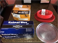 Wax paper, baskets, hot dog trays, pizza pans