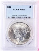 Coin 1922 Peace Silver Dollar PCGS MS63