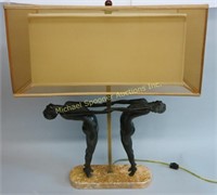 MODERN DOUBLE SHADE BRONZED FIGURAL LAMP