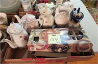 BOX LOT OF CERAMIC TEAPOTS AND MISC