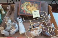 BOX LOT OF CARVED WOOD ANGELS CHILDREN AND MISC