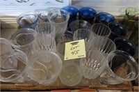 BOX OF BLUE AND CLEAR GLASS TUMBLERS