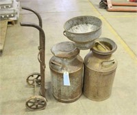 (2) Milk Cans, Cart & Funnel