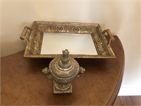 2pcs Gold gilt mirror serving tray w/ small urn st