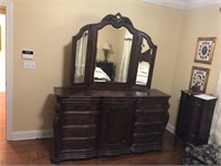 Hooker Carved triple mahogany dresser w/mirror