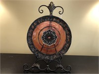 Ornate metal & glass plate w/ Iron stand