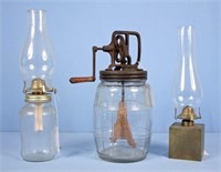 Glass Churn, 1 Quart Speas Jar Lamp & Brass Lamp