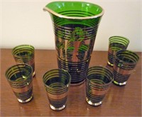 Green Glass / Gold Trim Liquor Set