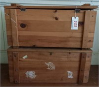 (2) Pine toy chests with vintage dolls and toys