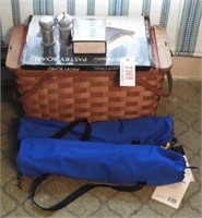 Picnic basket, marble pastry board, salt and