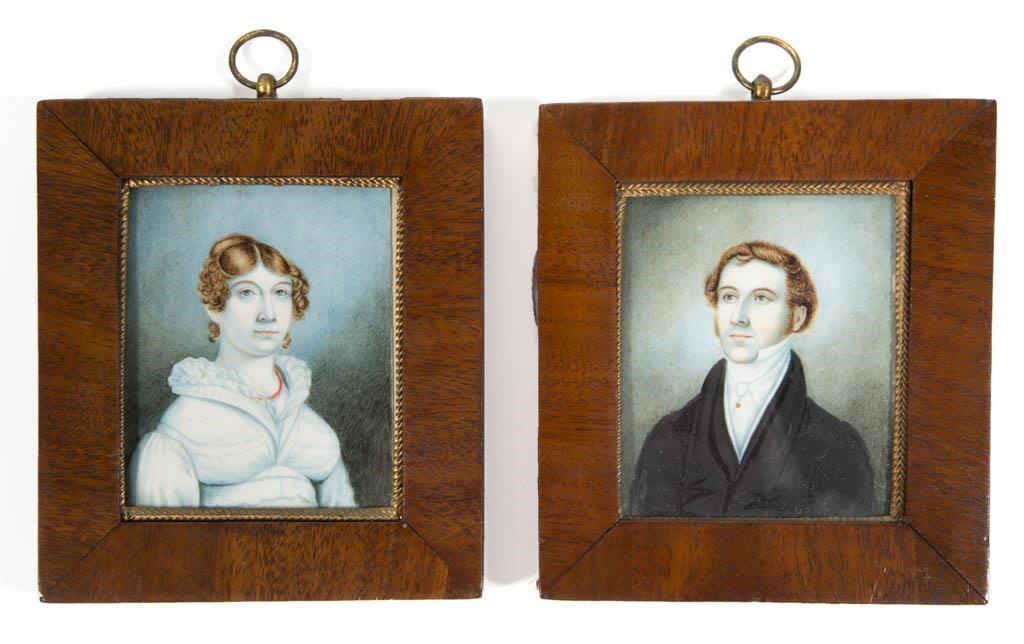 Pair of folk art miniature portraits