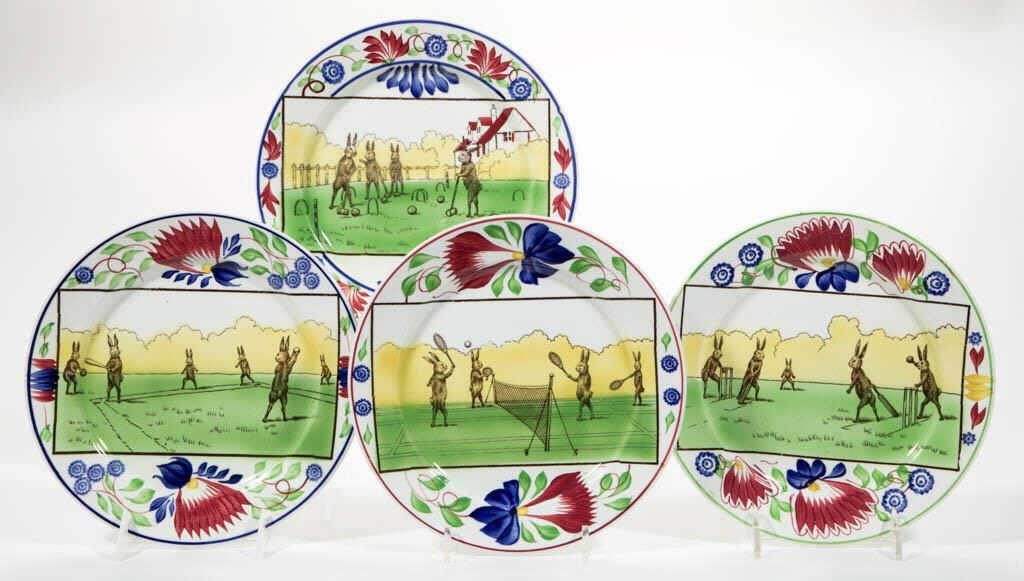 Rare Rabbitware plates with sports-themed decoration