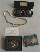 Glasses, necklace, coins & NRA belt buckle