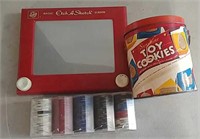 Toy Cookies can, Etch A Sketch & poker chips