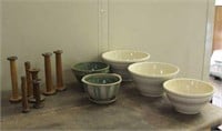 Vintage Wooden Spools & Ceramic Bowls