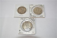 Group of (3) Walking Liberty halves, 1936 D,