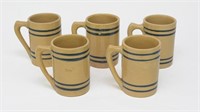 Five Antique Yellow Ware Mugs with Blue Stripes