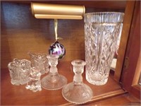 WATERFORD CRYSTAL VASE, CUT GLASS CANDLESTICKS